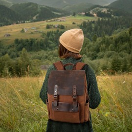 Modoker Waxed Canvas Backpack, Leather Rucksack Knapsack for Men Woman Vintage Travel Laptop Backpack 15.6 Inch Satchel Backpack, Retro Flap Backpacks Canvas Casual Bookbag Brown