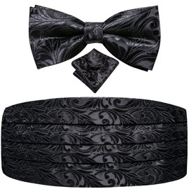 Dubulle Mens Paisley Floral Cummerbund and Bowtie Silk Pretied Bow Ties for Men Handkercheif Cufflinsk Set,Black Gray