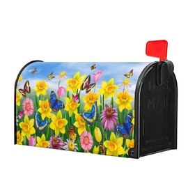 Spring Yellow Flowers Mailbox Cover Welcome Blue Butterfly Summer Mailbox Covers Magnetic Standard Size 21" X 18" Spring Daffodils Mailbox Wrap Post Letter Box Cover Decor for Home Outdoor Yard Garden