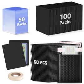 DEDC 200 Pack Trading Card Shipping Protector Kit: 100 Card Protectors, 50 Top Loaders, 50 Bubble Mailers (5x6), Shipping Tape (Black)