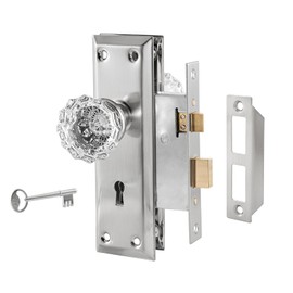Newliplace Upgraded Mortise Lock Set for Interior Door, Antique Vintage Style Crystal Glass Door Knobs with Skeleton Key, Reversible for Left & Right Handed Door, Brushed Nickel Finish
