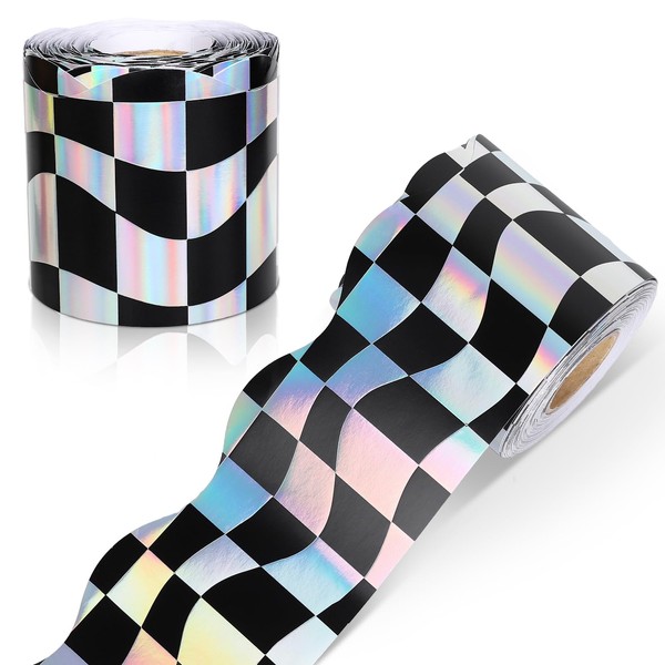 FYSUIMU 65.6Ft Iridescent Checkered Bulletin Board Border Holographic Black Plaid