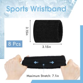 PEASUG 8 Pcs Sports Wrist Sweat Bands for Men & Women，Absorbent Wrist Sweatbands Tennis Wristbands, Elastic Wrist Bands for Sweat for Basketball Tennis Football Gym Running Working Out, Black