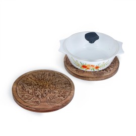 Wooden Set of 2 Round Tree of Life Trivet for Hot Dishes Plates & Pots Holder Hot Pad for Kitchen & Dining Table Décor Cookware Heat Resistant Rustic Decorative Carvings 8 Inches
