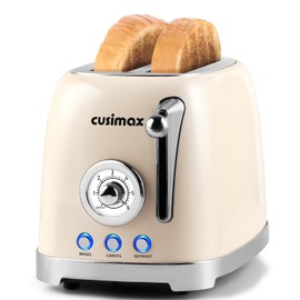 CUSIMAX Toaster 2 Slice with Extra Wide Slots for Bagels, Stainless Steel Retro Toaster with 6 Toast Settings and 4 Functions, Bagel, Cancel, Defrost & Reheat, Removable Crumb Tray, Cream