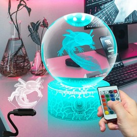 Fanrui 3D Axolotl Crystal Night Light,3.15 inch Glass Ball Dimmable Night Lamp,USB Touch,16 Colors,Remote Control,Axolotl Gifts,Art Decorations Gifts for Child,Men,Women,Kids,Boys,Girls,Teens,Friends
