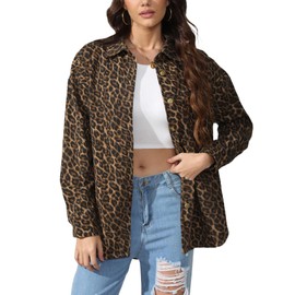 Kedera Women's Leopard Printed Denim Jacket Fall Fashion Jean Jackets Button Up Western Trucker Shacket Coat Outfit