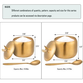 RAMFIYN 2 Pack 12oz Sugar Bowl with Lid and Spoon Stainless Steel Condiment Container for Kitchen Ghee Container Coffee Table Gold Spice Jars for Seasoning