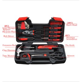 Household Tools Kit, 39 Pcs Home Essential Repairing Sets with Plastic Toolbox for Home, College and Automobile (red)