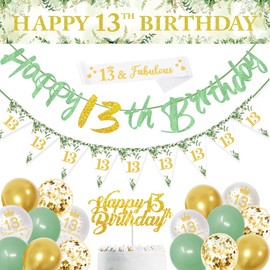 13th Birthday Decorations,Sage Green 13th Birthday Party Decorations Include Happy 13th Birthday Banner,Triangle Flag and Confetti Balloons for Party Birthday Decorations (13th Birthday)