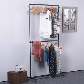 MBQQ Industrial Pipe Clothing Racks on Wheels Double Hanging Rod Metal Clothing Rack,Heavy Duty Commercial Display Garment Rack,Hanging Weight Rack,Metal Ballet Rolling Racks,Black Brush Silver