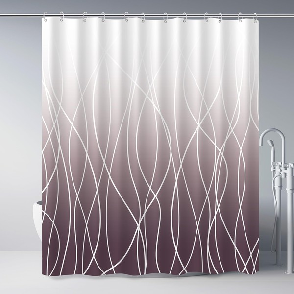 Punkray Burgundy Striped Fabric Shower Curtain for Bathroom with 12