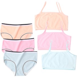 Girls Seamless Bras Sets Cotton Strappy Crop Top First Bra & Knickers Camisole Style Training Underwears Vest with Elastic Shoulder for Kids 6-10 Years
