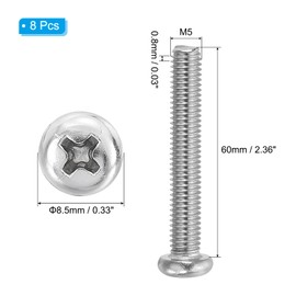 PATIKIL Phillips Pan Head Screws, 8 Pack M5-0.8 x 60mm 304 Stainless Steel 18-8 Full Thread, Pan Head Machine Phillips Drive Screw