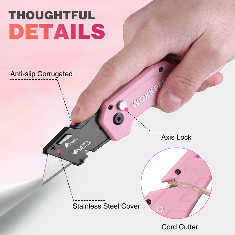 WORKPRO Folding Utility Knife, Quick Change Box Cutter, Pink Razor