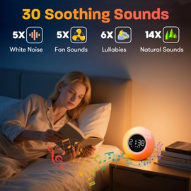 White Noise Sound Machine with 30 Soothing Sounds & 12 Colors Light, Sunrise Alarm Clock Wake Up Light, Adjustable Volume & Night Light, Timer, Ideal for Adults, Kids, Heavy Sleepers