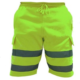 Mens Hi Vis Work Shorts Cargo Multi Pockets Hi Viz Reflective Bands Super Soft Comfortable Fleece Shorts (Yellow,XL)