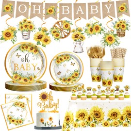 Hombae Sunflower Baby Shower Decorations for Girls, 179 PCs Sunflower Yellow Party Supplies with Plates, Napkins, Forks, Hanging Swirls, Banner, Tablecloth for Baby in Bloom Party, Serves 24 Guests