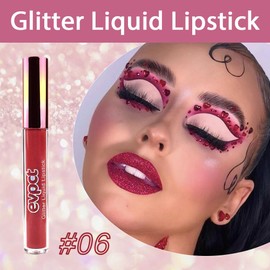 evpct 1Pcs Wine Red Matte to Glitter Liquid Lipstick Long Lasting Lip Set Kit,12 Colors Diamond Glitter Sparkly Glossy Metallic Shimmer Sparkle Waterproof Lipstick Lip Gloss for Women 06#