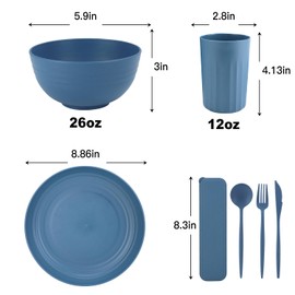 28-Piece Wheat Straw Dinnerware Sets, Microwave & Dishwasher Safe Unbreakable Dinnerware Set, Reusable Dishware Sets, Lightweight Camping Dishes, Plates, Cups, Cereal Bowls for 4 (Navy Blue)