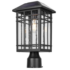 Solar Post Lights, Outdoor Post Lights Solar Powered, Waterproof Anti-Rust Black Post Lights with Seeded Glass, LED Solar Powered Lamp for Front Door, Porch, Garage, and Patio （Bulb Included）SR018-P