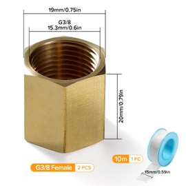 Lyeteung 2 PCS G3/8 Brass Sleeve, Female Thread Fitting Brass Fittings, Straight Hex Nipple Coupler, with Plumbers Tape, for Pipe Connection