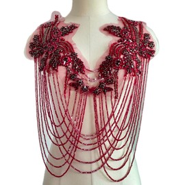 JRYYR Handmade Tassel Rhinestone Applique,Rhinestone Bodice Applique,Burgundy Rhinestone Applique for Dress Wedding Clothing Accessory Applique、Patch (Burgundy)