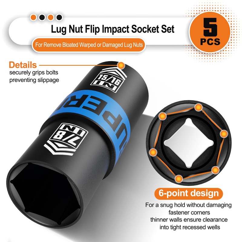 Aiourx 1/2" Drive Lug Nut Impact Socket Set, 5 Pcs