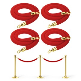 PATIKIL 5 Feet Red Velvet Stanchion Rope, 4 Pack Crowd Control Barrier Rope with Snap Hooks for Posts Stands Queue Divider of Hotel Theater, Golden
