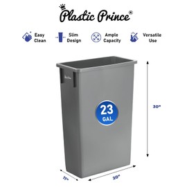 Plexon 23 Gallon Slim Trash Can - 30" H x 20" L x 11" W - Commercial Gray Rectangular Garbage Can, Waste Bin for Home/Kitchen/Cabinet