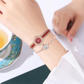 BESTKANG Women's Watch Two Tone Diamond Luxury Elegant Water Diamond Quartz Bracelet Set (Rose Gold Red)