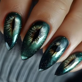 IMRAIN Medium Press on Nails Almond Fake Nails Full Cover Green Cat's Eye Acrylic False Nails Glossy Stick on Nails for Women Girls 24Pcs