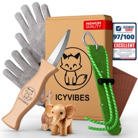 Premium Wood Carving Kit for Kids Outdoor - 9 PCS Whittling Knife Set with Safety Gloves Chisel Pocket Friendly Working Tools Leather Case Creative Bowl Sharpener Gifts (Green)