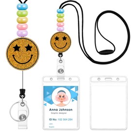 Teacher Lanyards for Id Badges Reel Retractable Keys Holder Cute Smile Funny Aesthetic Glitter Beaded Card Keychain for Women Student Work School Office