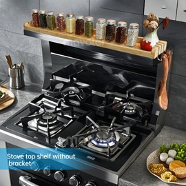 MAVOTER Over The Stove Top Shelf for Kitchen Bamboo Spice Rack Organizer for Back of Stove with Protective Lips & 6 Hooks,Easy Installation 33.5 * 4.5 * 13.4”