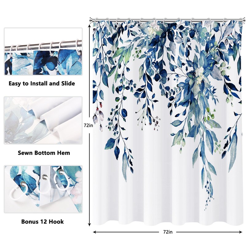 YiarTaan Shower Curtain Blue Eucalyptus Shower Curtains for Bathroom, Watercolor