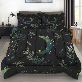 Pamnest Comforter Set Queen Size, Boho Space Green Retro Soft 3 Pcs Bedding for Kids and Adults, Herbs Witch Floral Comforter Set with Pillowcase, for Bedroom Bed Decor