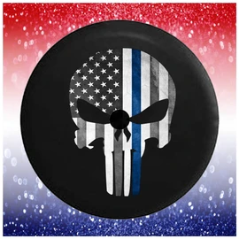JL Spare Tire Covers Thin Blue Line Patroit Skull Car Accessories Car Accessories Black 32 to 33 Inch with Backup Camera Hole