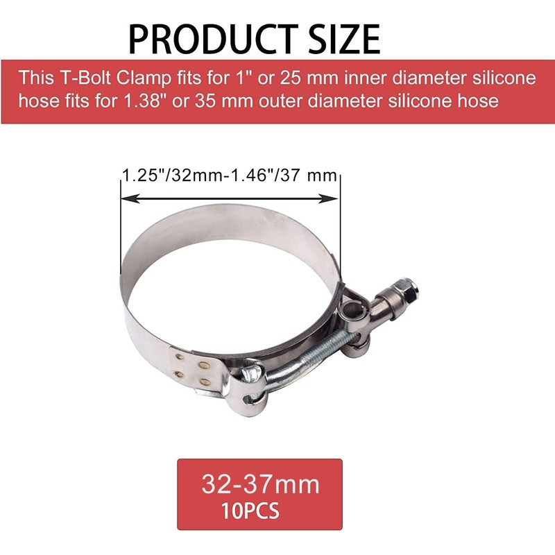 10PCS Stainless Steel T-Bolt Clamps Turbo Intake Intercooler Clamp Range