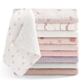 Bearmoss Molleton Cloths Baby 100% Cotton Soft Burp Cloths Baby, Breathable and Extremely Absorbent Muslin Cloth for Absorbent Muslin Cloths, Pack of 10, 25 x 25 cm (Pink-Purple)