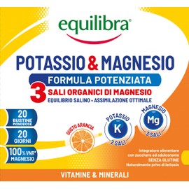Equilibra Integratori Alimentari, Potassio e Magnesio 3 Formula Potenziata, Integratore Magnesio e Potassio per Reintegro Sali Minerali, Gusto Arancia, Senza Glutine e Senza Lattosio, 20 Bustine