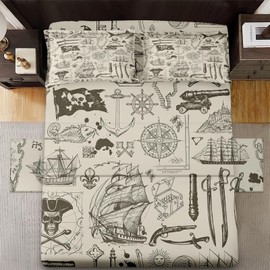 Pamnest 3 Pieces Twin Size Bed Sheet Sets, Pirate Vintage Skull Soft Microfiber Bedding Sets for Kids and Adults Bedroom Bed Decor, Nautical Sea Flat Sheet, Fitted Sheet and Pillowcases