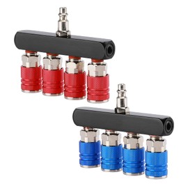 AIRTOON 2PCS 4-Way Straight Air Manifold Splitter, Line Type Air Compressor Splitter with 4 Couplers and 1/4" MNPT Plug,1/4 Inch NPT Air Fittings, Red and Blue