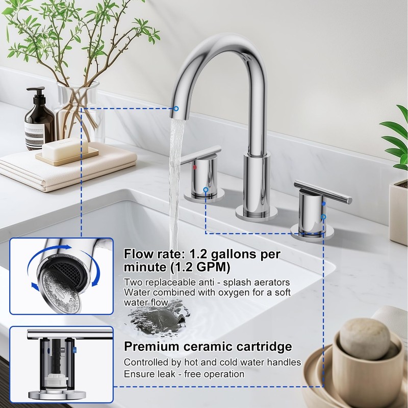 Bathroom Faucets for 3 Hole Sinks, Hurran 8 Inch Chrome