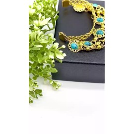 Unbranded Women Gold Metal Hand Chain Cuff Ethnic Bracelet Ring Turquoise Blue Beads Bells