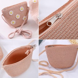 JAHEMU Girls' Bags Flower Straw Bag with Zip Straw Bag Crossbody Bag Straw Shoulder Bag for Holiday Travel Outdoor Activities, pink