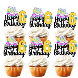18 Pieces Gold Glitter Roller Skates Happy Birthday Dessert Cupcake Topper 80s 90s Retro Hip Hop Roller Skating Theme Decor Supplies Boys Girls 6th Happy Birthday Party Decorations