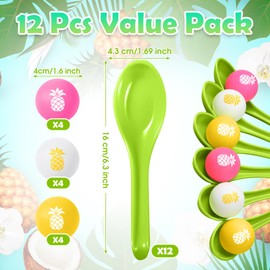 VercanMonth 12 Pack Hawaiian Game Spoon Relay Race Toy Set, Tropical Summer Luau Birthday Party Themed Ball and Spoon Race Game for Aloha Party Supplies Favors (Green,Pineapple)