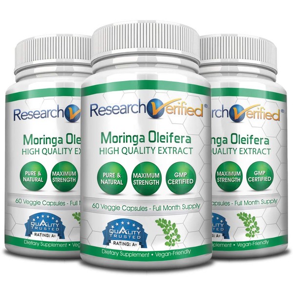 Research Verified Moringa Oleifera - 100% Pure Extract- 1200 mg Per serving - 60 Count - 3 Month Supply