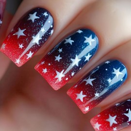 Independence Day Press on Nails Medium Square Fake Nails with Star Design 4th of July Glitter Red Blue False Nails For Woman 24Pcs